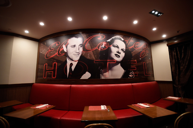 An image of Bugsy Siegel hangs on the wall of his namesake restaurant at the El Cortez, Thursday, Oct. 27, 2016, in Las Vegas. The family-owned downtown hotel-casino will be celebrating its 75th a ...