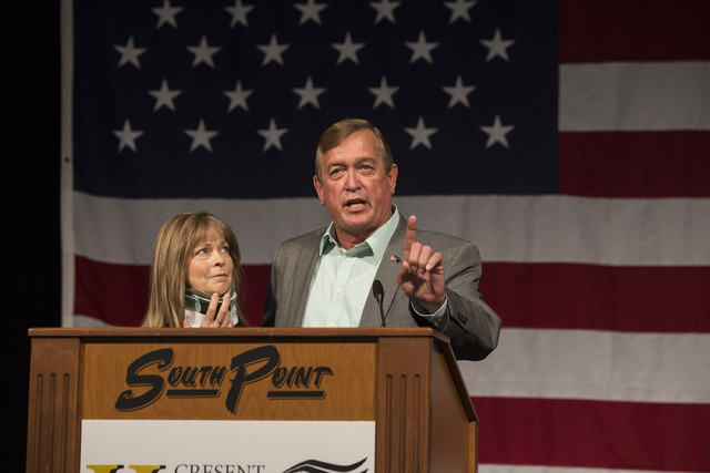 U.S. Rep. Cresent Hardy, R-Nev., gives his concession speech at an election night event hosted by the Nevada Republican Party at South Point hotel-casino on Tues, Nov. 8, 2016, in Las Vegas. Hardy ...