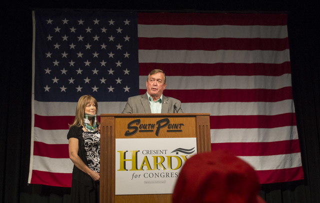 U.S. Rep. Crecent Hardy, R-Nev. delivers his concession speech during an election night event hosted by the Nevada Republican Party at South Point hotel-casino on Tuesday, Nov. 8, 2016. Richard Br ...