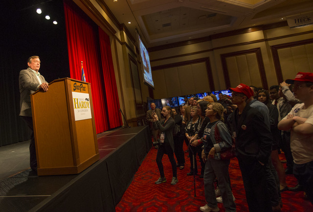 U.S. Rep. Crecent Hardy, R-Nev. delivers his concession speech during an election night event hosted by the Nevada Republican Party at South Point hotel-casino on Tuesday, Nov. 8, 2016. Richard Br ...