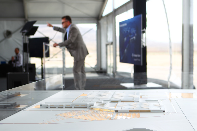 The model for Faraday Future's planned 900-acre manufacturing site is shown during the groundbreaking event in North Las Vegas on Wednesday, April 13, 2016. Chase Stevens/Las Vegas Review-Journal ...