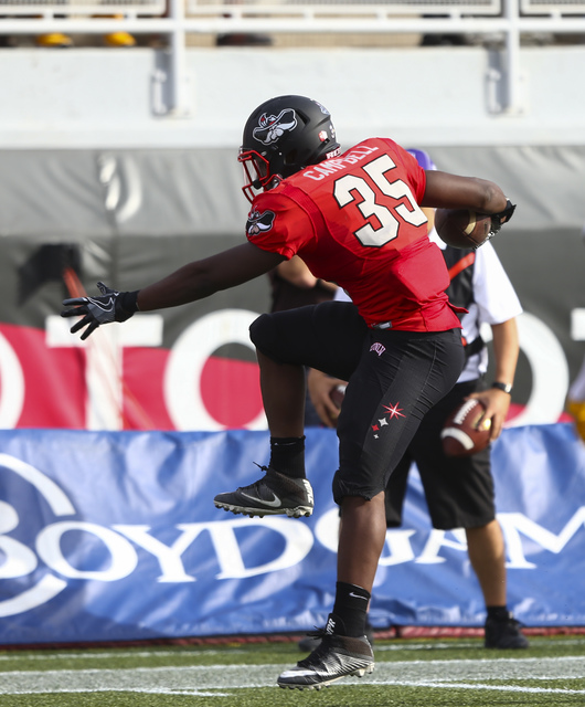 UNLV running back Xzaviar Campbell (35) jumps into the end zone during a football game against Wyoming at Sam Boyd Stadium in Las Vegas on Saturday, Nov. 12, 2016. (Chase Stevens/Las Vegas Review- ...
