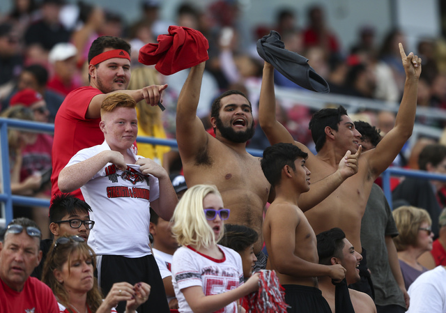 UNLV fans cheer during a football game against Wyoming at Sam Boyd Stadium in Las Vegas on Saturday, Nov. 12, 2016. UNLV defeated Wyoming 69-66 in triple overtime. Chase Stevens/Las Vegas Review-J ...