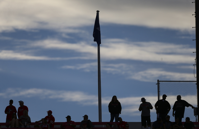 UNLV fans are silhouetted against the sky during a football game against Wyoming at Sam Boyd Stadium in Las Vegas on Saturday, Nov. 12, 2016. UNLV defeated Wyoming 69-66 in triple overtime. Chase ...