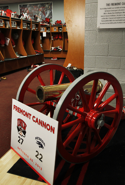 The Fremont Cannon trophy sits in the UNLV football locker room with a fresh coat of red paint on Nov. 12, 2013. (Jason Bean /Las Vegas Review-Journal)