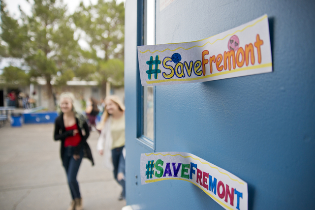 Handmade signs are seen during a town hall-style meeting at Fremont Middle School in downtown Las Vegas on Tuesday, May 17, 2016. (Daniel Clark/Las Vegas Review-Journal Follow @DanJClarkPhoto)
