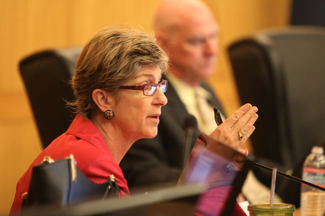 Clark County Commissioner Chris Giunchigliani speaks during a discussion on court-appointed guardianships at the Clark County Commission chambers in Las Vegas Tuesday, April 21, 2015. (Erik Verduz ...