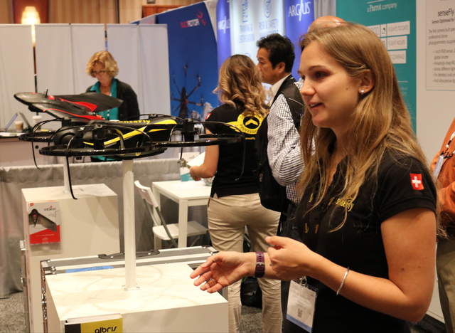 Julie Foguenne displays the Albris drone during the Commercial UAV Expo at the MGM Grand in Las Vegas Tuesday, Nov. 1, 2016. &quot;It's an inspection drone, so the main application would be br ...