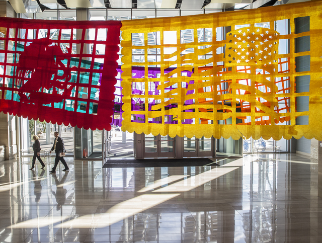 Justin Favela's "Patrimonio," on display at Las Vegas City Hall through Dec. 15, uses traditional Mexican papel picado techniques to create new banners. Benjamin Hager/Las Vegas Review-Journal