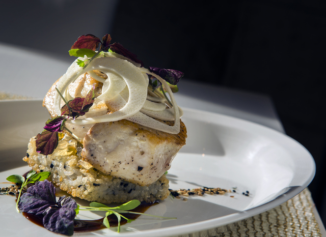Swordfish on a rice cake and finished with Maui onions at Lakeside in Wynn Las Vegas on Friday, Nov., 11, 2016. Jeff Scheid/Las Vegas Review-Journal Follow @jeffscheid