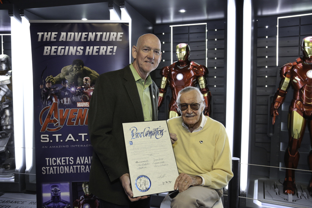 Marvel Comics founder Stan Lee is shown with Clark County Commissioner Larry Brown at Treasure Island's Marvel Avengers S.T.A.T.I.O.N. on Friday, Nov. 18, 2016. (Edison Graff photo)