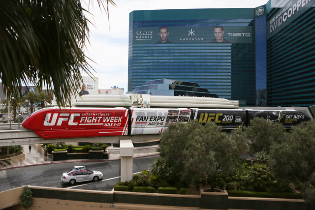 The Las Vegas Monorail runs past MGM Grand hotel-casino Thursday, June 2, 2016, in Las Vegas. Passengers can ride the Monorail from MGM Grand to SLS with stops along the way. (Ronda Churchill/Las  ...