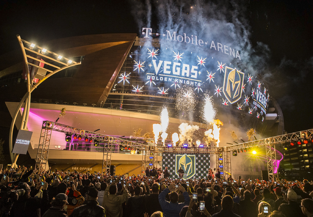 Fireworks light up the sky during a ceremony to unveil the Las Vegas' NHL expansion franchise's official team nickname, the Golden Knights, on Tuesday, Nov. 22, 2016, at Toshiba Plaza, in Las Vega ...