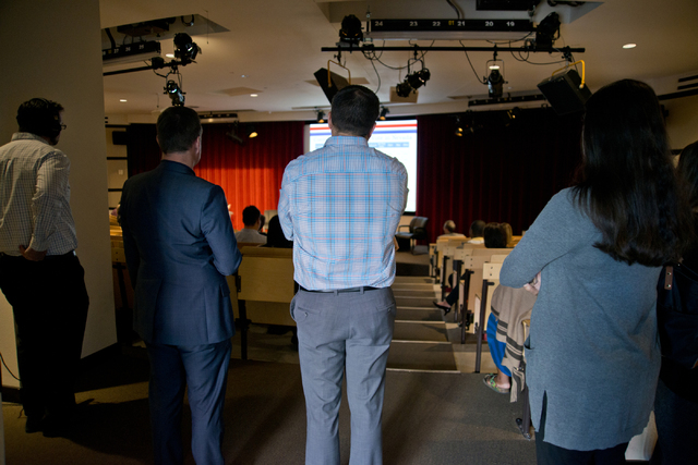 Audience members watch the screen during a post-election analysis of voter trends inside the Greenspun Hall Auditorium at UNLV in Las Vegas on Tuesday, Nov. 15, 2016. Daniel Clark/Las Vegas Review ...