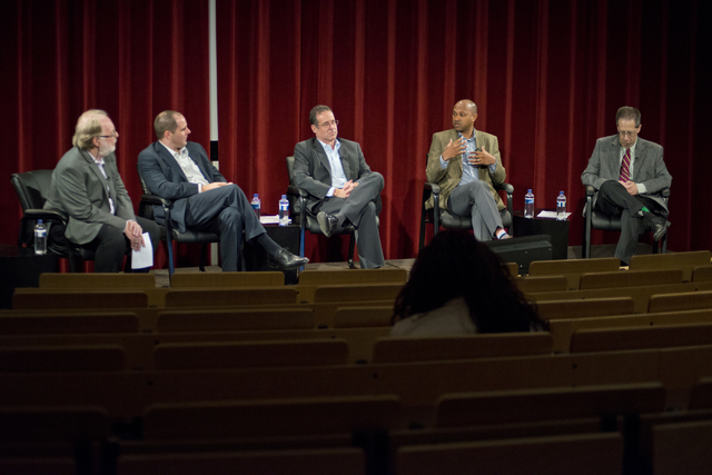 From left, William E. Brown, David Damore, Robert E. Lang, Benoy Jacob, and Michael Green participate in a post-election analysis of voter trends inside the Greenspun Hall Auditorium at UNLV in La ...