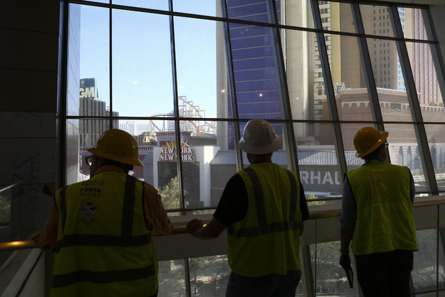 A view looking out to the Las Vegas Strip during a tour of the Park Theater, slated to open in December, at the Monte-Carlo hotel-casino in Las Vegas on Tuesday, Oct. 25, 2016. Chase Stevens/Las V ...