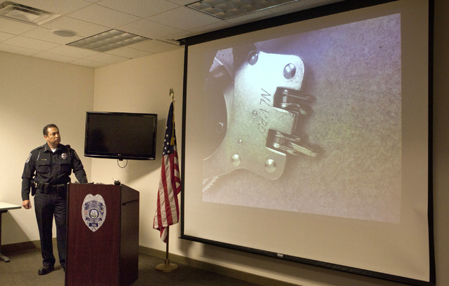 North Las Vegas Police Chief Alex Perez shows footage of homicide suspect Alonso Perez escaping police custody Friday at a press conference on Wednesday, Sept. 7, 2016. He was captured on Tuesday, ...
