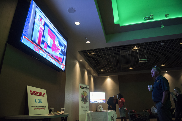 People watch as early election results are displayed on TV during the Las Vegas Weekly's Question 2 watch party inside the Sake Rok restaurant in Las Vegas on Tuesday, Nov. 8, 2016. Martin S. Fuen ...