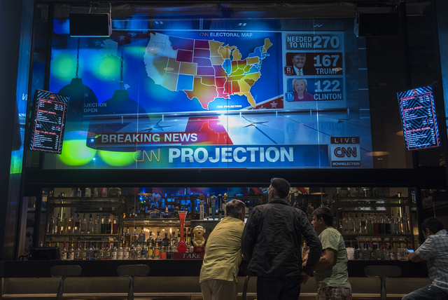 People hang out as early election results are displayed on TV during the Las Vegas Weekly's Question 2 watch party inside the Sake Rok restaurant in Las Vegas on Tuesday, Nov. 8, 2016. Martin S. F ...