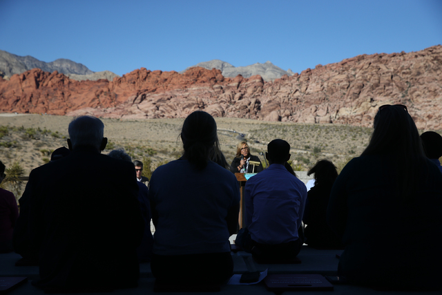 Catrina Williams, field manager with the Bureau of Land Management, speaks during an event to honor the Nature Conservancy, Bureau of Land Management and Summerlin developers at Red Rock Canyon Na ...