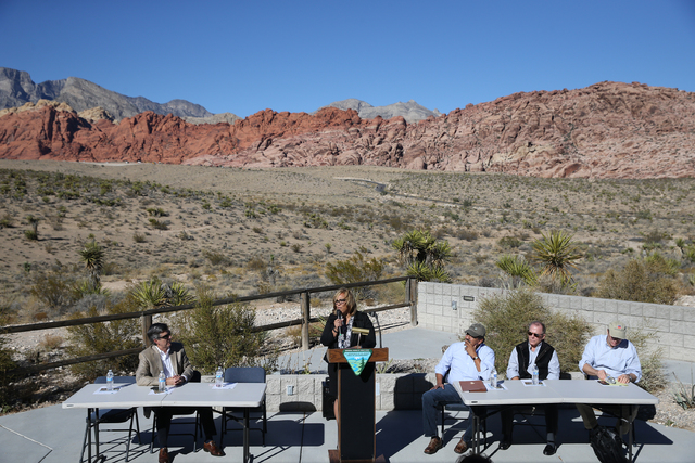 Catrina Williams, field manager with the Bureau of Land Management, speaks during an event to honor the Nature Conservancy, Bureau of Land Management and Summerlin developers at Red Rock Canyon Na ...