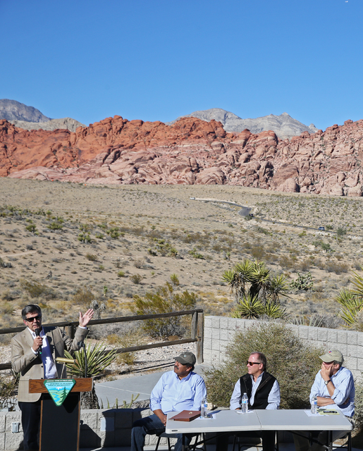 Tom Warden, senior vice president of Summerlin Community & Government Relations with Howard Hughes Corp., speaks during an event to honor the Nature Conservancy, Bureau of Land Management and ...