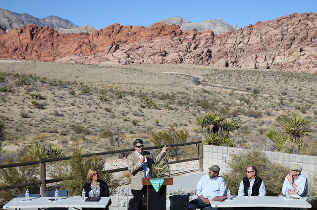 Tom Warden, senior vice president of Summerlin Community & Government Relations with Howard Hughes Corp., speaks during an event to honor the Nature Conservancy, Bureau of Land Management and  ...