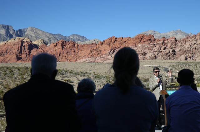 Tom Warden, senior vice president of Summerlin Community & Government Relations with Howard Hughes Corp., speaks during an event to honor the Nature Conservancy, Bureau of Land Management and  ...