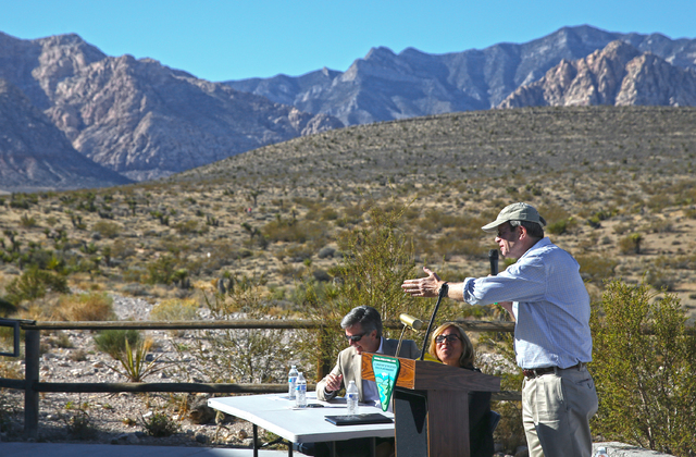 Dave Livermore, Nature Conservancy director for Utah, speaks during an event to honor the Nature Conservancy, Bureau of Land Management and Summerlin developers at Red Rock Canyon National Conserv ...