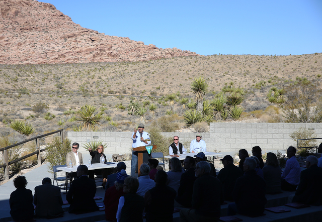 Juan Palma, Nature Conservancy director for Nevada, speaks during an event to honor the Nature Conservancy, Bureau of Land Management and Summerlin developers at Red Rock Canyon National Conservat ...