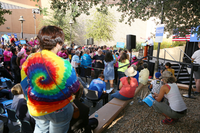 Vermont Sen. Bernie Sanders, top right, speaks at a rally at College of Southern Nevada, Sunday, Nov. 6, 2016, in North Las Vegas. Some 700 people attended the rally to support Democratic presiden ...