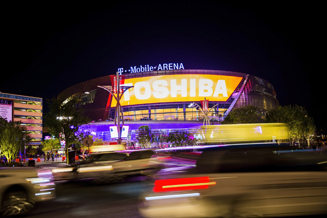 Traffic passes by the new T-Mobile Arena during opening night of the new Las Vegas entertainment venue, Wednesday, April 6, 2016. (Benjamin Hager/Las Vegas Review-Journal)