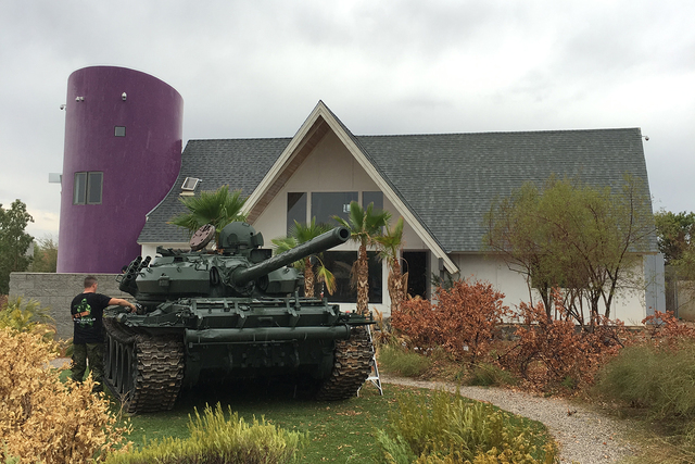 A tank used for the Penn Jillette film "The Grounds" makes its way into The Slammer, Jillette's former home. (John Katsilometes/Las Vegas Review-Journal)