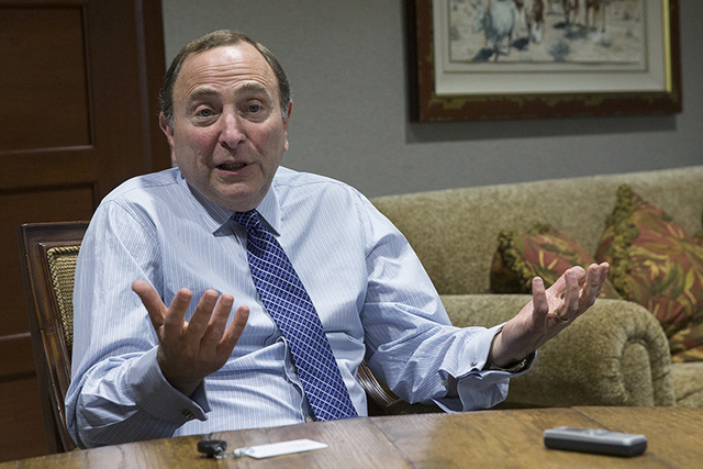 NHL commissioner Gary Bettman answers questions from the media on Tuesday, Nov. 22, 2016, in Las Vegas. Bettman was in town to take place in a ceremony unveiling Las Vegas' NHL expansion franchise ...
