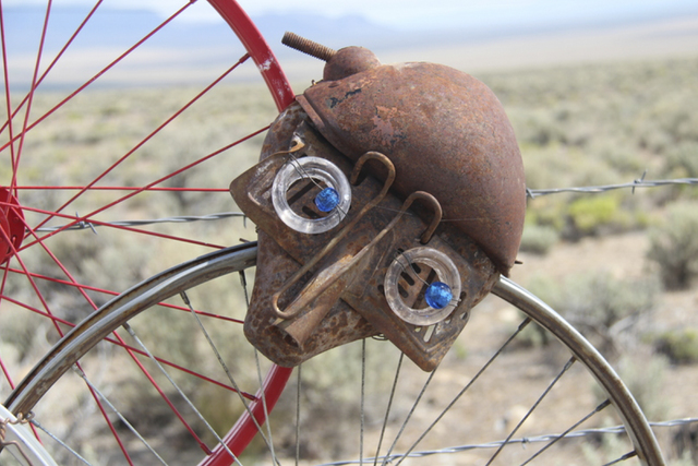 A close-up view of one of &quot;Wheeler Peek's&quot; bicycle seat faces. Artist Joyce Nickerson took her sculpture down last week after state road workers said they would confiscate it for ...