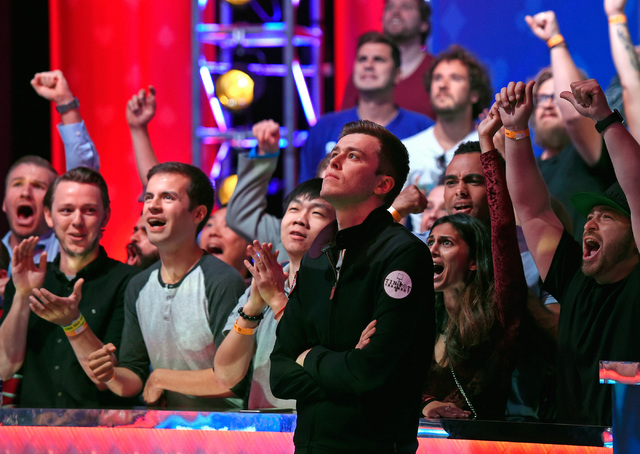 Gordon Vayo reacts after knocking out Cliff Josephy with an all-in bet by Josephy during the final table at the 2016 World Series of Poker Main Event at the Rio hotel-casino, Tuesday, Nov. 1, 2016 ...