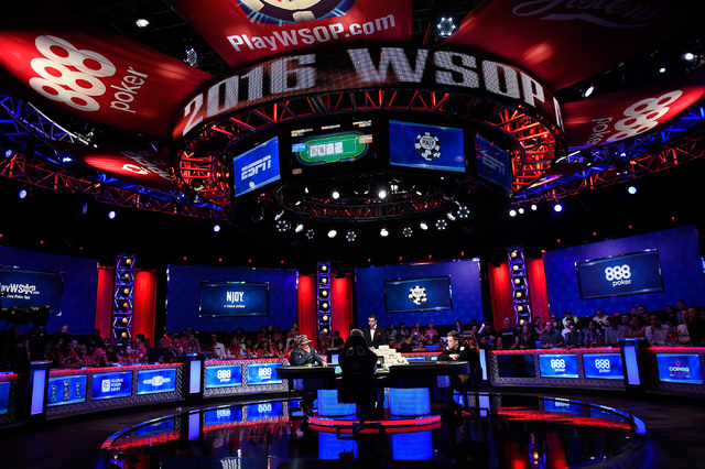 Qui Nguyen, left, of Las Vegas and Gordon Vayo of San Francisco compete during the final table at the 2016 World Series of Poker Main Event at the Rio hotel-casino, Tuesday, Nov. 1, 2016, in Las V ...