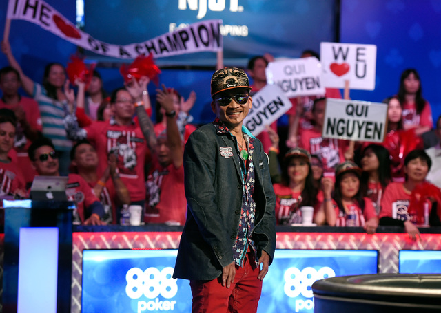 Qui Nguyen of Las Vegas waits for cards to be turned over during an all-in bet against Gordon Vayo of San Francisco during the final table at the 2016 World Series of Poker Main Event at the Rio h ...