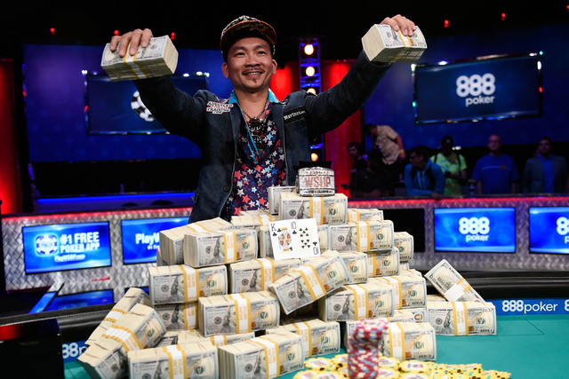 Qui Nguyen of Las Vegas celebrates his first-place victory at the final table at the 2016 World Series of Poker Main Event early Wednesday at the Rio. (David Becker/Las Vegas Review-Journal Follow ...