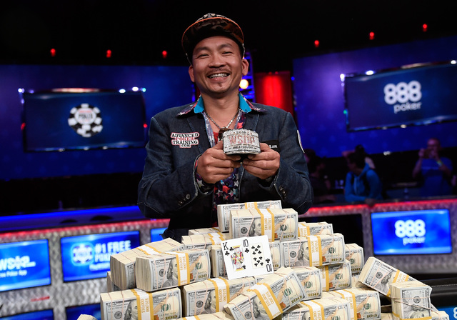 Qui Nguyen of Las Vegas celebrates his first place victory at the final table at the 2016 World Series of Poker Main Event at the Rio hotel-casino, Wednesday, Nov. 2, 2016, in Las Vegas. David Bec ...