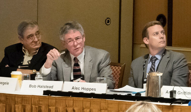 Bob Halstead, executive director of Nevada's Agency for Nuclear Projects, center, makes a point during a Yucca Mountain nuclear waste project panel discussion Nov. 7, 2016 at Casesars Palace. He i ...