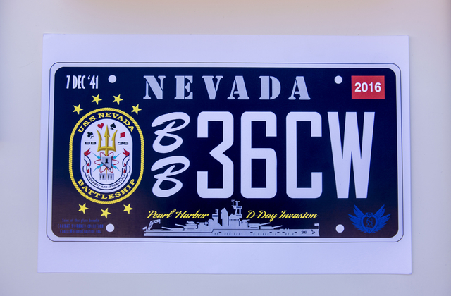 A mock up of a Nevada license plate in honor of the USS Nevada (BB-36) battleship designed John ...