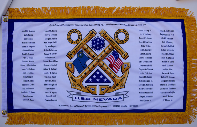 A battle flag listing the names who were killed on Dec. 7, 1941 on the USS Nevada (BB-36). (Eli ...