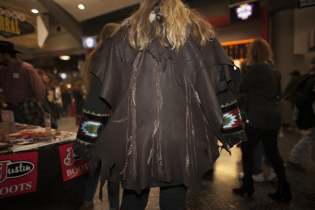 Shelly Weppler shows off her leather jacket at the National Finals Rodeo at Thomas & Mack C ...