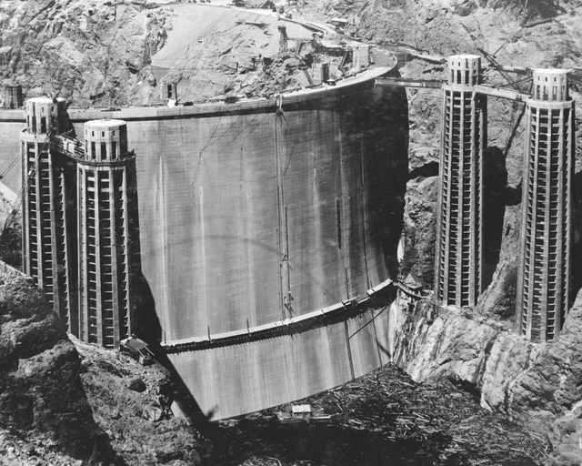 A photo taken May 22, 1935, shows the upstream side of Hoover Dam as it looked about four months before President Franklin Roosevelt dedicated the structure and seven months before Patrick William ...