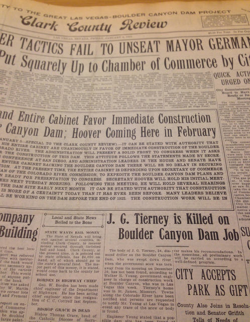 A story about the death of J.G. Tierney appears on the front page of the Clark County Review newspaper on Jan. 6, 1922. Tierney drowned in the Colorado River on Dec. 20, 1921 while surveying possi ...