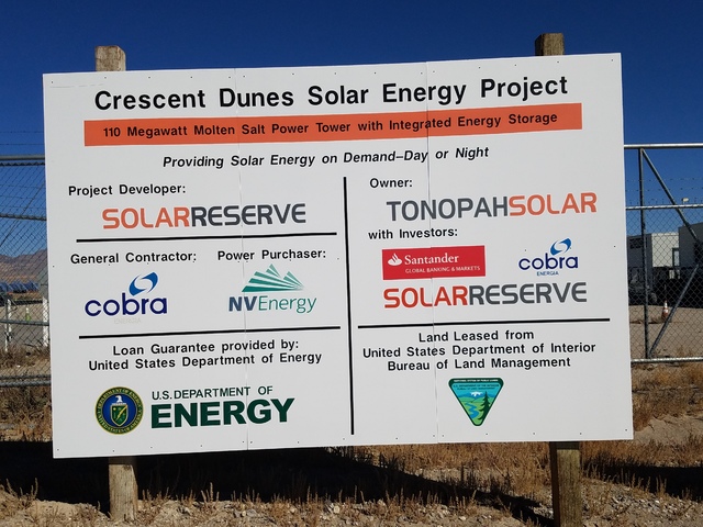 The sign outside SolarReserve's Crescent Dunes solar plant outside Tonopah as shown in this Oct. 11 photo. The solar plant is described as a forerunner for the growing renewable energy industry.
D ...