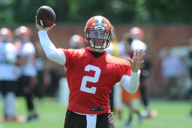 Jun 16, 2015; Berea, OH, USA; Cleveland Browns quarterback Johnny Manziel (2) throws a pass during minicamp at the Cleveland Browns practice facility. (Ken Blaze/USA Today Sports)