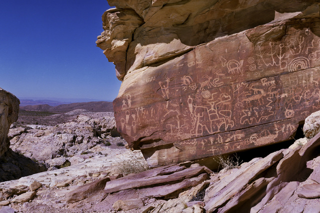 "Newspaper Rock" is seen in the Falling Man petroglyph area in the Gold Butte region Saturday, Oct. 15, 2016, northeast of Las Vegas. (Sam Morris/Las Vegas News Bureau)