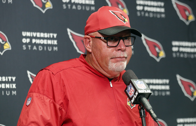 In this Sunday, Nov. 20, 2016, file photo, Arizona Cardinals head coach Bruce Arians speaks during a news conference after a 30-24 loss to the Minnesota Vikings in an NFL football game, in Minneap ...